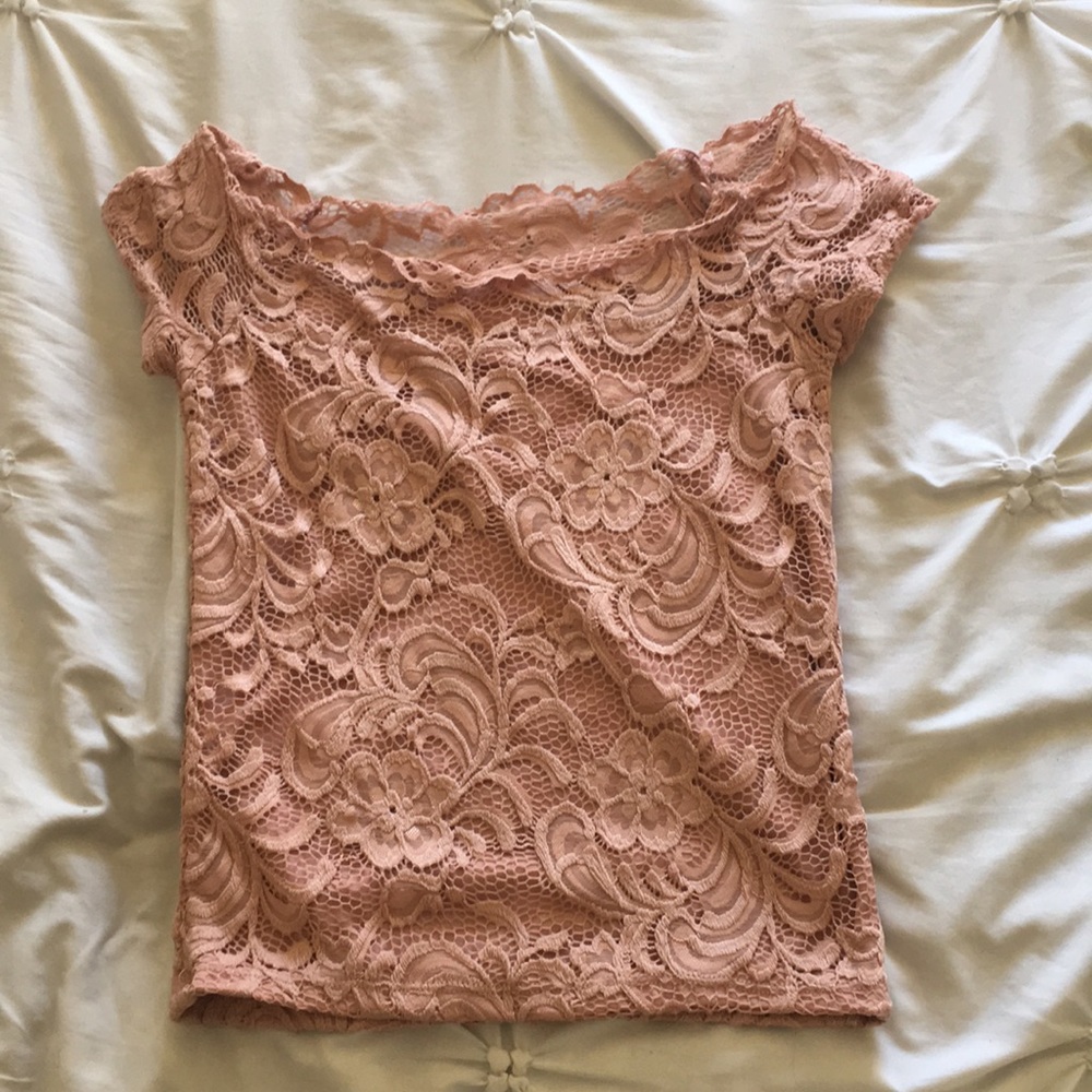 Off the shoulder nude pink lace top.